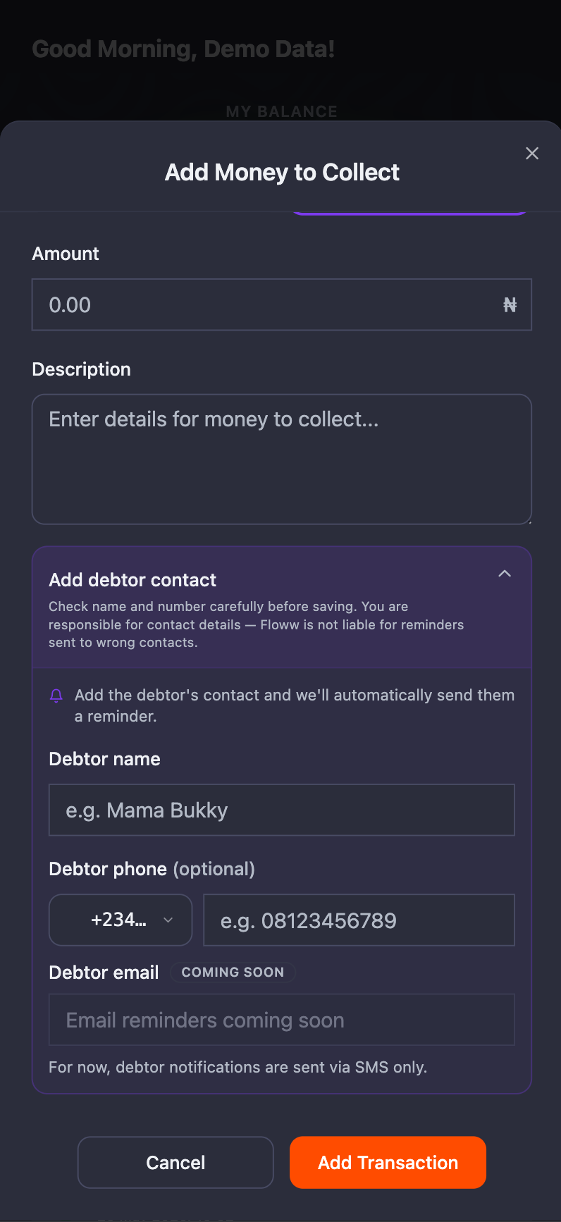 Floww debtor reminders screen