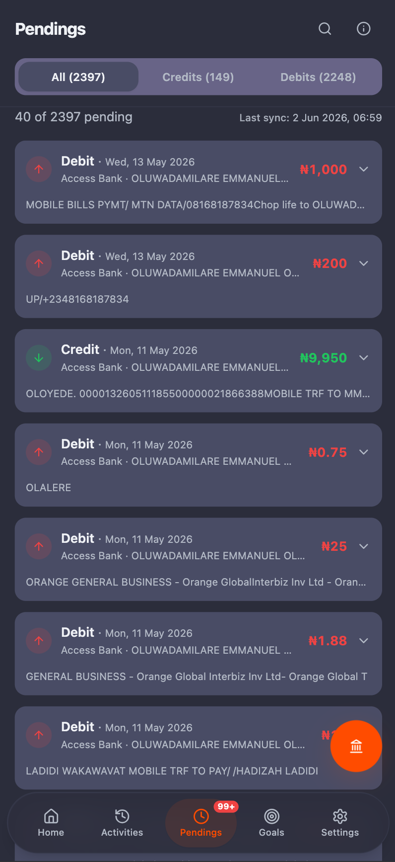 Floww pending transactions screen